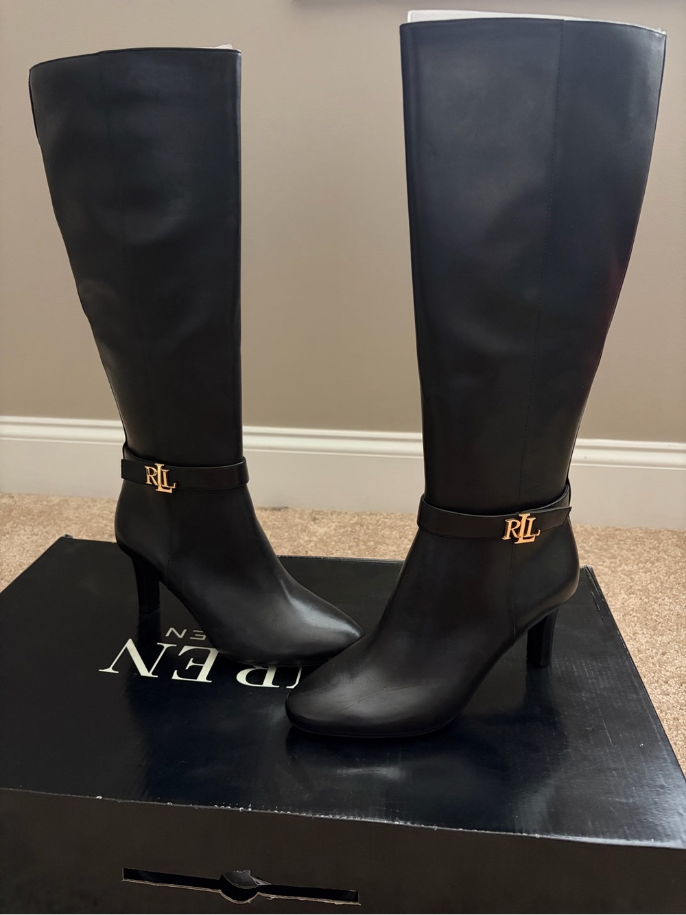 Ralph Lauren Black Leather Over-the-Knee Boots with Gold RL Accent